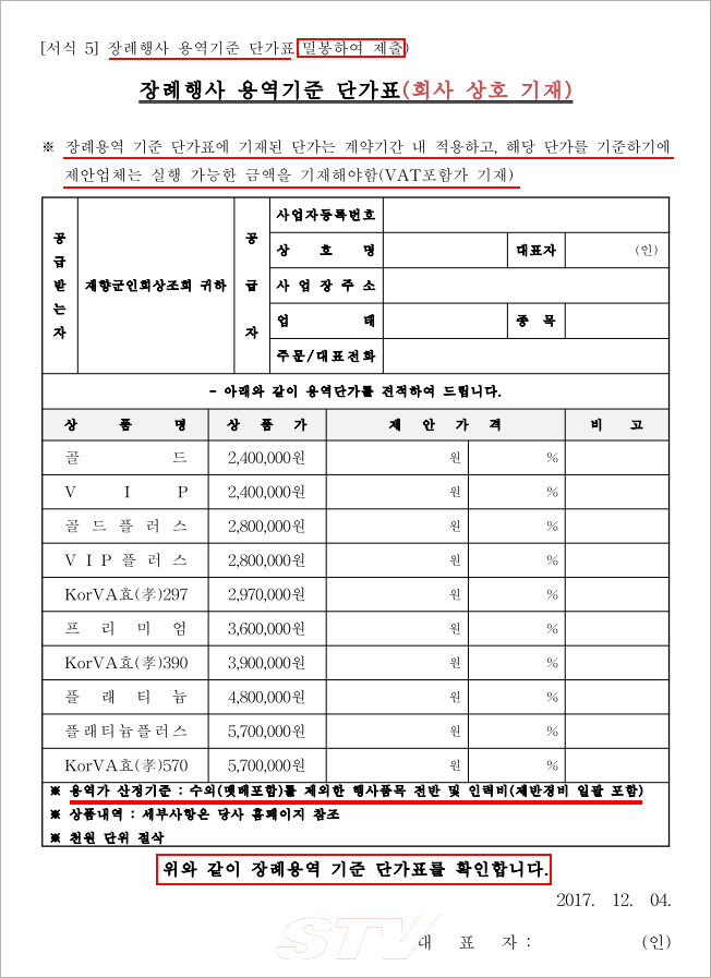 이미지 자료는 2017년 (주)재향군인회상조회 홈페이지에 올려진 장례행사 용역업체 선정 공고문 일부