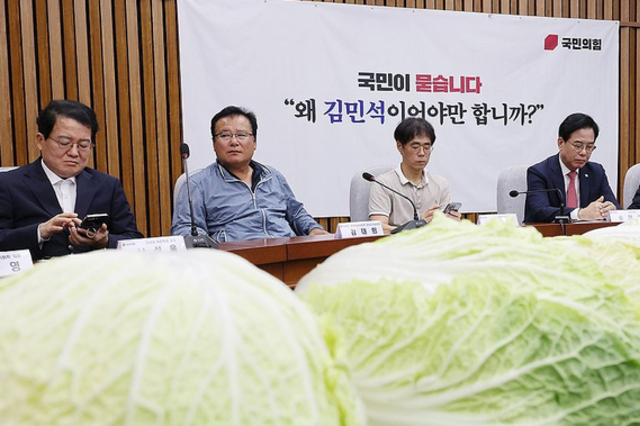 국힘, 배추 쌓고 “김민석 지명 철회”…국민청문회 총공세